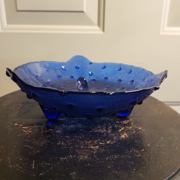 Hobnail Cobalt Blue Glass, 3 Footed, Vintage Bowl - Picture 3 of 9